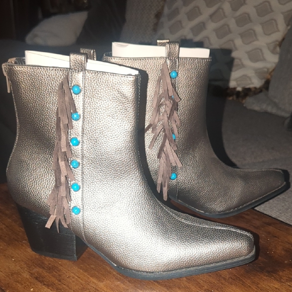 Silver Tone Ankle Boots with Fringe Detail Boujee Babe Booties